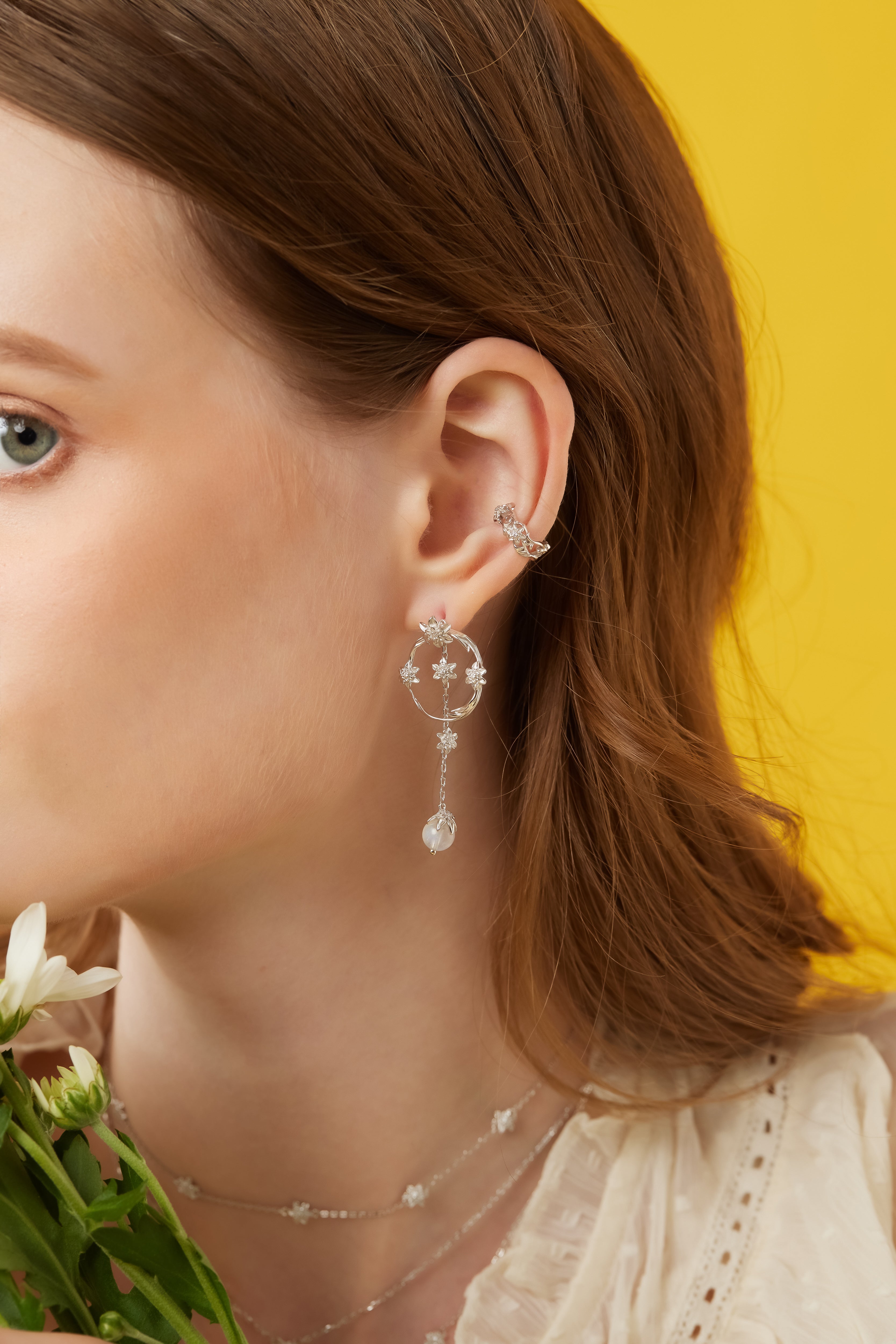 Moonstone Silver Asymmetrical Floral Earrings - Daffodil | LOVE BY THE MOON