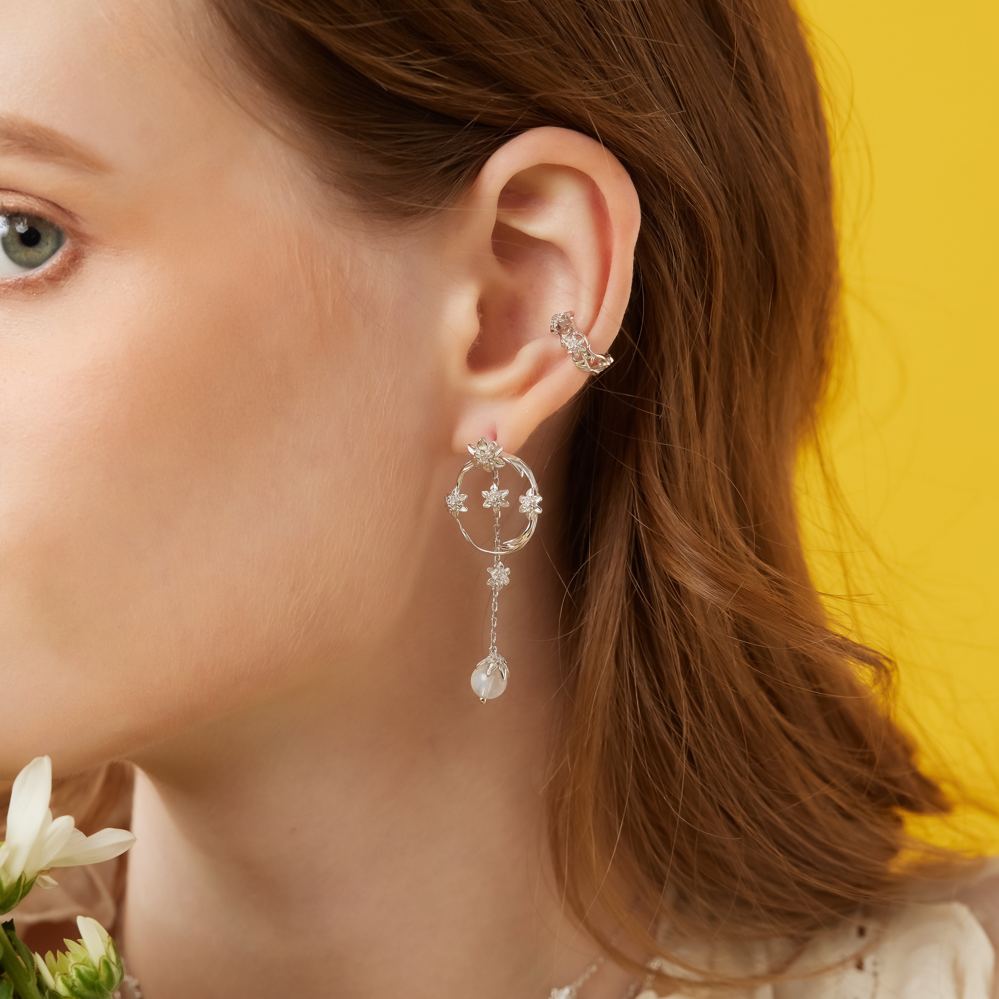 Moonstone Silver Asymmetrical Floral Earrings - Daffodil | LOVE BY THE MOON
