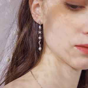Freshwater Pearl Moon & Star Silver Drop Earrings - Daisy | LOVE BY THE MOON