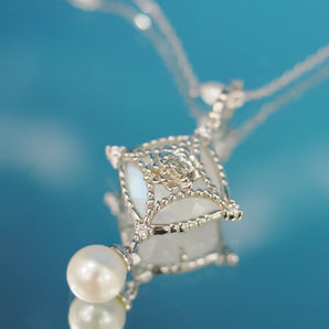 Moonstone & Freshwater Pearl Silver Pendant - Water Lily | LOVE BY THE MOON