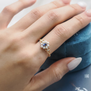 Tanzanite & Diamond & Pearl 14K Yellow Gold Cluster Ring - Georgia