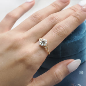 Green Sapphire & Diamond & Pearl 14K Gold Cluster Ring - Georgia