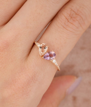 14K Rose Gold Heart Shaped Ring -  Toi et Moi
