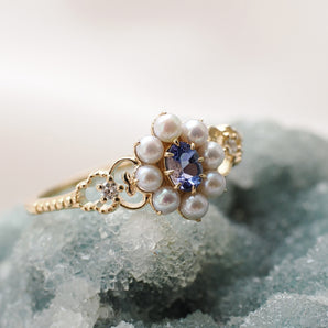 Tanzanite & Diamond & Pearl 14K Yellow Gold Cluster Ring - Georgia