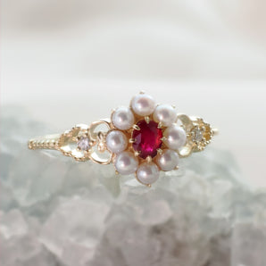 Ruby & Pearl & Diamond 14K Gold Cluster Ring - Georgia