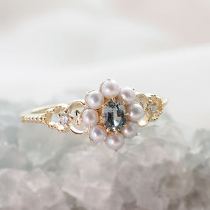 Green Sapphire & Diamond & Pearl 14K Gold Cluster Ring - Georgia