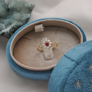 Ruby & Pearl & Diamond 14K Gold Cluster Ring - Georgia