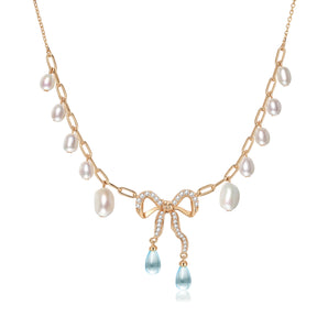 Blue Topaz & Pearl Gold Bow Dangle Necklace - Alice | LOVE BY THE MOON