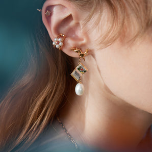 Freshwater Baroque Pearl Gold Leaping Rabbit & Story Book Earrings | LOVE BY THE MOON