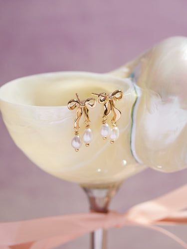 Freshwater Pearl Gold Bow Dangle Earrings - Alice | LOVE BY THE MOON