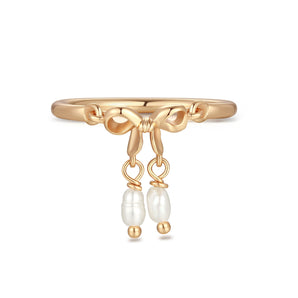 Freshwater Pearl Gold Bow Dangle Ring - Alice | LOVE BY THE MOON