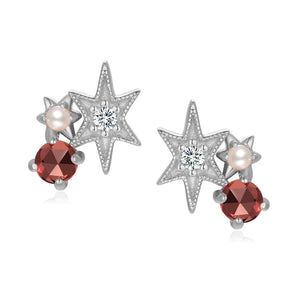 Garnet & Pearl Silver Star Stud Earrings - Lullaby | LOVE BY THE MOON