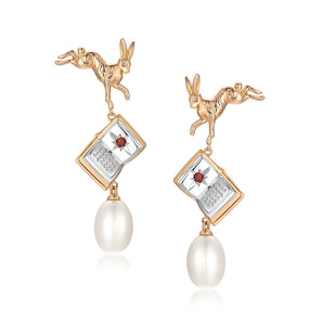 Freshwater Baroque Pearl Gold Leaping Rabbit & Story Book Earrings | LOVE BY THE MOON