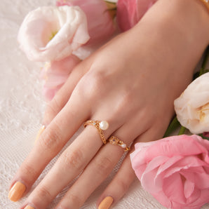 淡水珍珠 花卉 鏤空 金 純銀 戒指