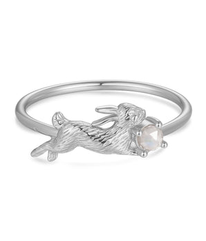Moonstone Silver Leaping Rabbit Ring