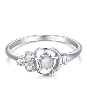Moonstone Silver Moon & Star Ring - Celeste