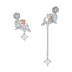 Moonstone, Sunstone, Blue Topaz Silver Asymmetrical Earrings - Lily of the Valley | LOVE BY THE MOON
