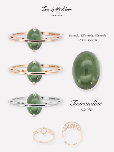 (One of a Kind) 14K Gold Saturn Ring - Green Tourmaline