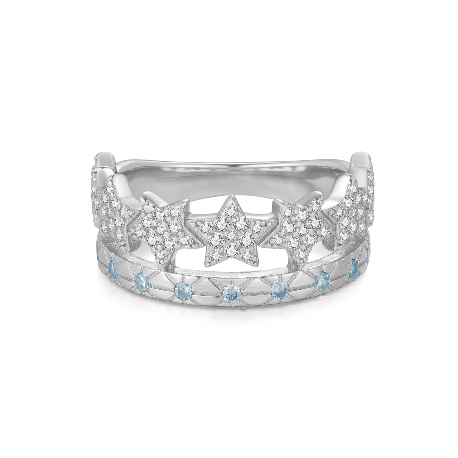 Blue CZ Silver Star Engraved Ring - Estella | LOVE BY THE MOON