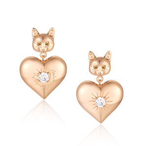 Cynthia x Love by the Moon - CZ Gold Cat & Love Earrings
