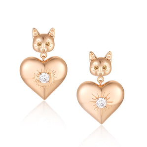 Cynthia x Love by the Moon - CZ Gold Cat & Love Earrings