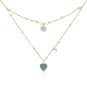 Blue Druzy Gold Layered Necklace - Love Note