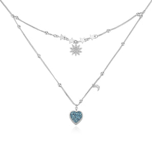 Blue Druzy Silver Layered Necklace - Love Note