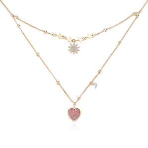 Pink Druzy Gold Layered Necklace - Love Note