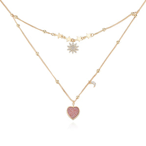 Pink Druzy Gold Layered Necklace - Love Note