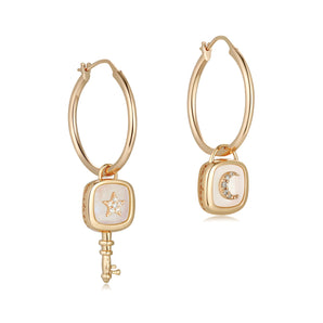 Moonstone Gold Padlock & Key Hoop Earrings - Wanderer | LOVE BY THE MOON