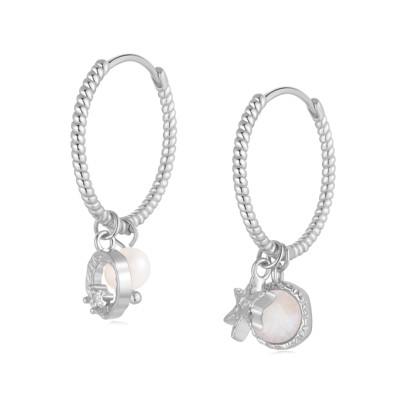 Moonstone & Freshwater Pearl Silver Dainty Hoop Earrings - Moonlight | LOVE BY THE MOON