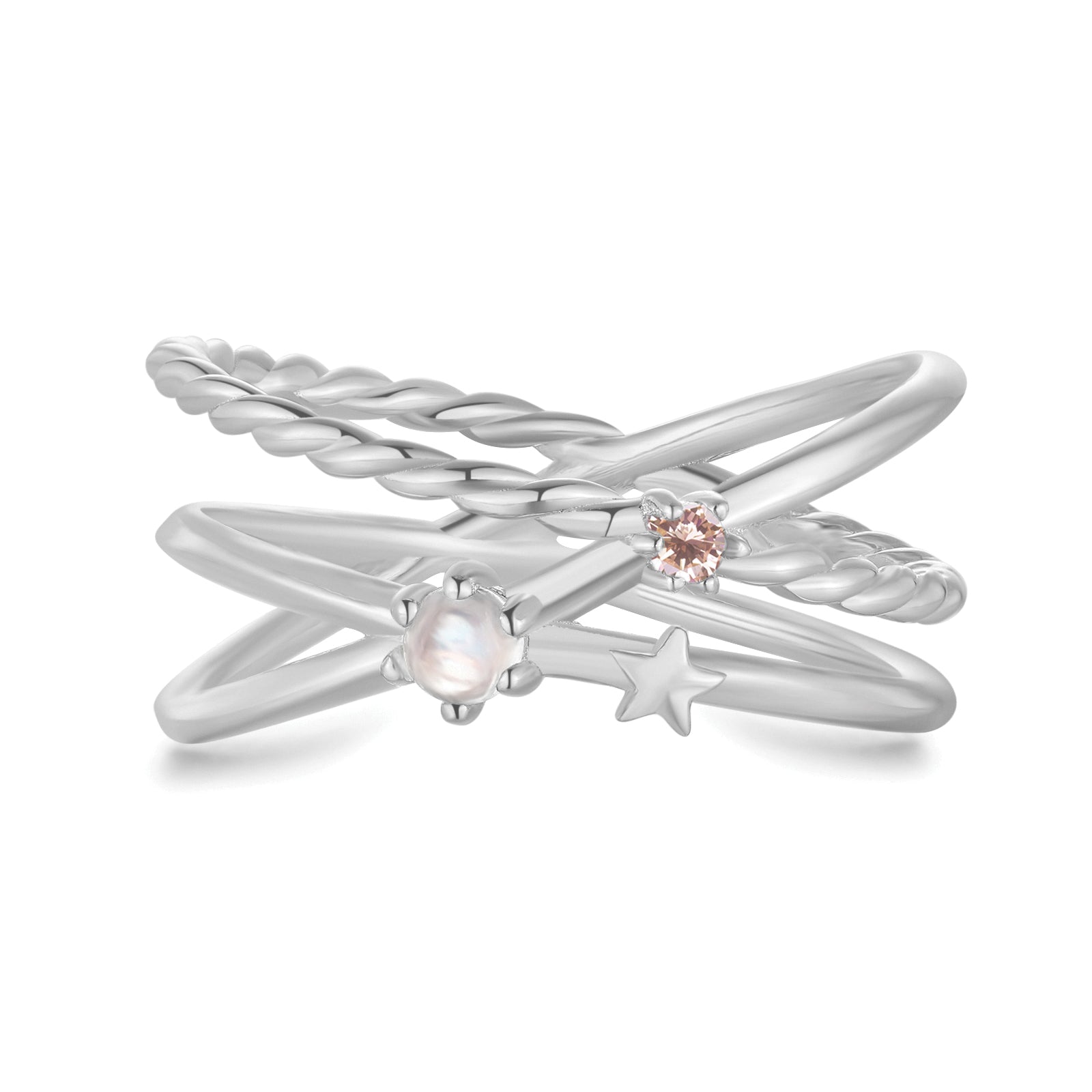 Moonstone & Pink CZ Silver Triple Band Ring - Gravity | LOVE BY THE MOON